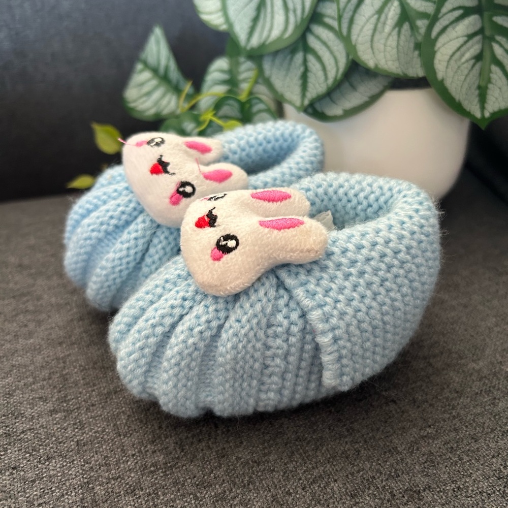 Adorable Blue Baby Booties with Bunny Design